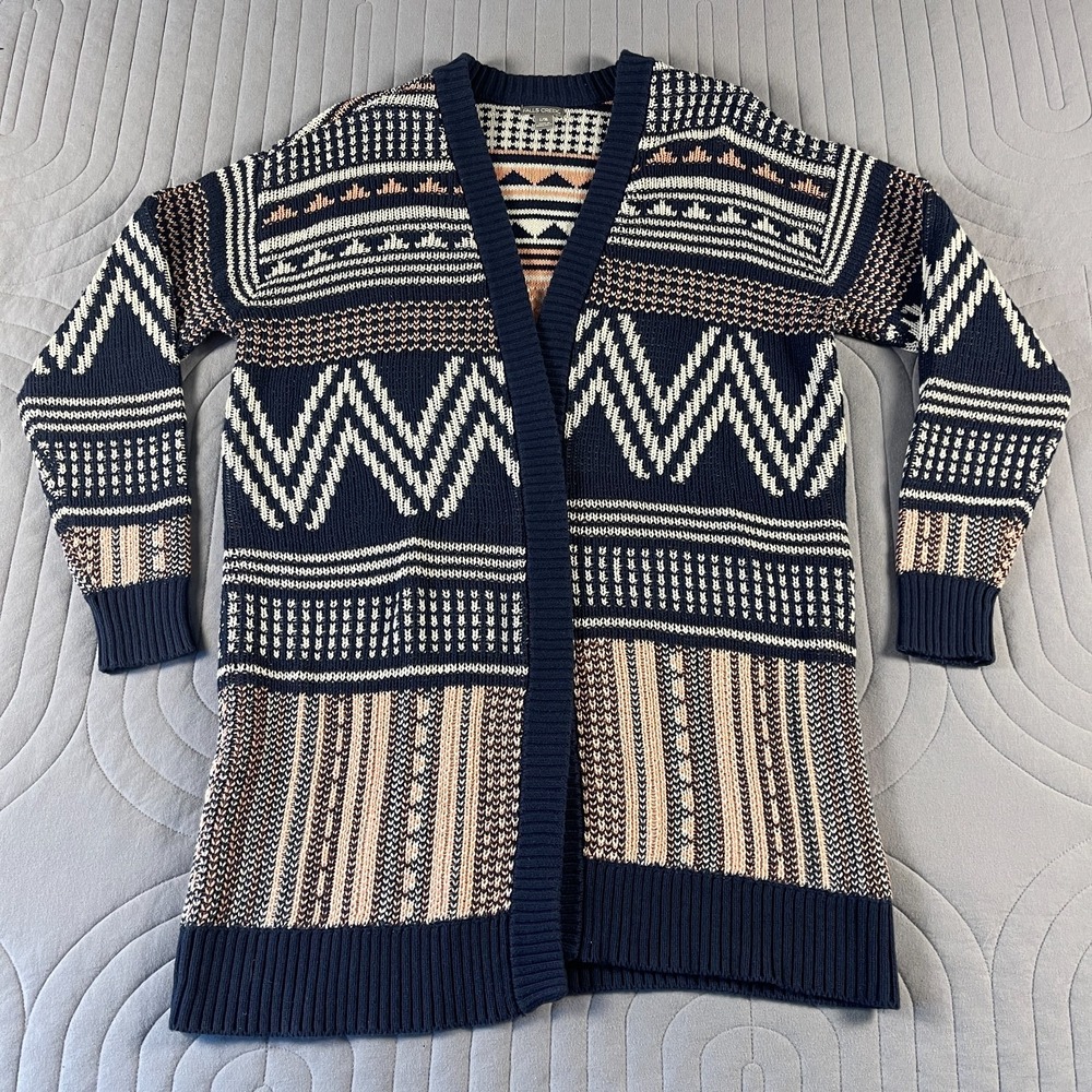 Falls Creek Cardigan Womens L/XL Navy Aztec Southwestern Knit Open Front